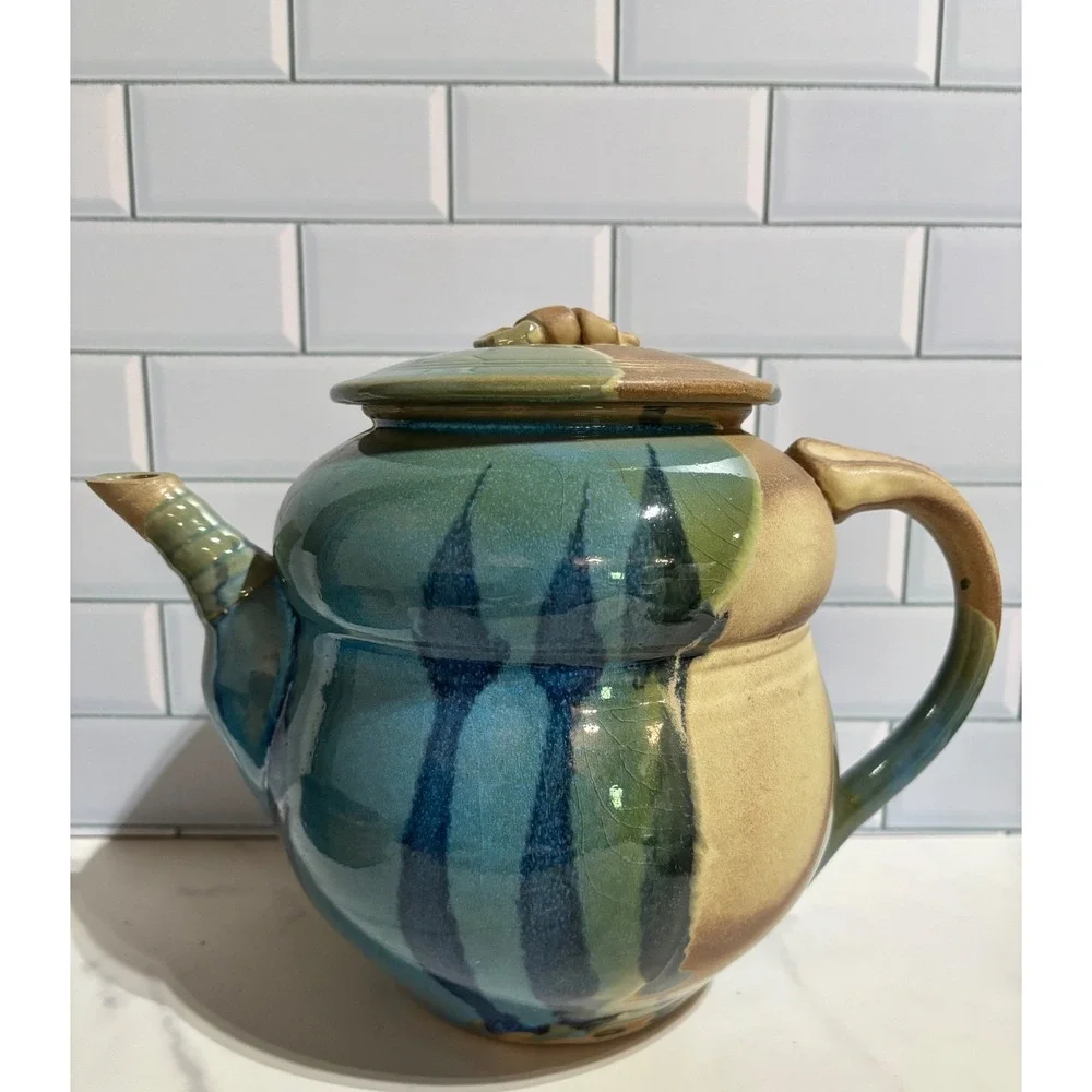 Studio Pottery Hand Thrown Teapot Blue Earth Tone Drip Glaze Signed Artisan Tea